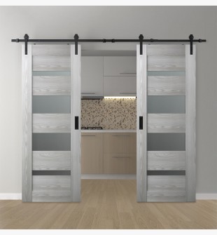 DOUBLE BARN DOOR AVON 07-01 VETRO RIBEIRA ASH 48" X 80" X 1 3/4" BLACK HARDWARE