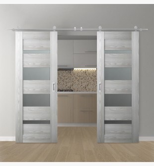 DOUBLE BARN DOOR AVON 07-01 VETRO RIBEIRA ASH 60" X 84" X 1 3/4" STAINLESS STEEL HARDWARE