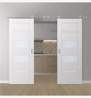 DOUBLE BARN DOOR AVON 07-01 VETRO SNOW WHITE 36" X 96" X 1 3/4" STAINLESS STEEL HARDWARE