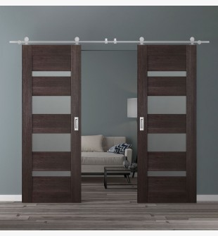 DOUBLE BARN DOOR AVON 07-01 VETRO VERALINGA OAK 60" X 96" X 1 3/4" STAINLESS STEEL HARDWARE