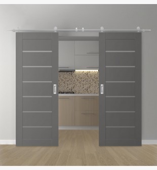 DOUBLE BARN DOOR AVON 07-02 VETRO GRAY MATTE 56" X 80" X 1 3/4" STAINLESS STEEL HARDWARE