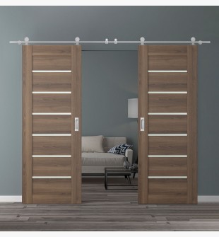 DOUBLE BARN DOOR AVON 07-02 VETRO PECAN NUTWOOD 36" X 80" X 1 3/4" STAINLESS STEEL HARDWARE