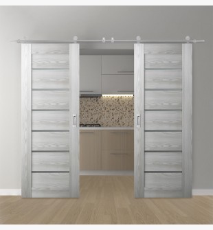 DOUBLE BARN DOOR AVON 07-02 VETRO RIBEIRA ASH 64" X 84" X 1 3/4" STAINLESS STEEL HARDWARE