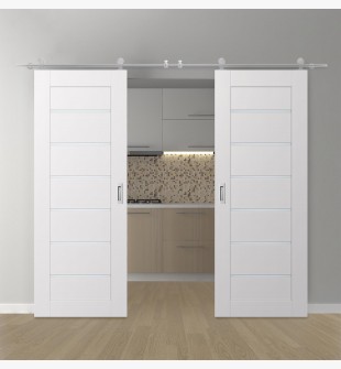DOUBLE BARN DOOR AVON 07-02 VETRO SNOW WHITE 36" X 96" X 1 3/4" STAINLESS STEEL HARDWARE