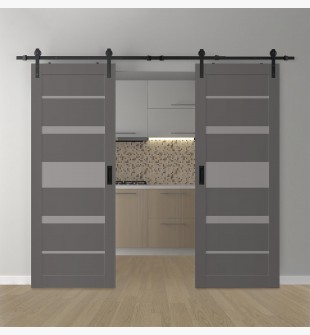 DOUBLE BARN DOOR AVON 07-03 VETRO GRAY MATTE 60" X 84" X 1 3/4" BLACK HARDWARE
