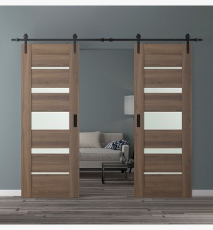 DOUBLE BARN DOOR AVON 07-03 VETRO PECAN NUTWOOD 64" X 80" X 1 3/4" BLACK HARDWARE