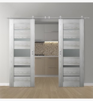 DOUBLE BARN DOOR AVON 07-03 VETRO RIBEIRA ASH 72" X 96" X 1 3/4" STAINLESS STEEL HARDWARE