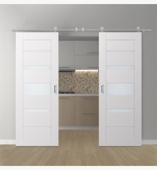DOUBLE BARN DOOR AVON 07-03 VETRO SNOW WHITE 56" X 84" X 1 3/4" STAINLESS STEEL HARDWARE
