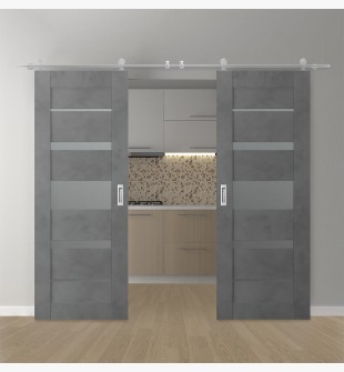 DOUBLE BARN DOOR AVON 07-03 VETRO DARK URBAN 56" X 84" X 1 3/4" STAINLESS STEEL HARDWARE