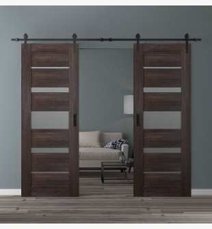 DOUBLE BARN DOOR AVON 07-03 VETRO VERALINGA OAK 48" X 96" X 1 3/4" BLACK HARDWARE