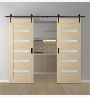 DOUBLE BARN DOOR AVON 07-04 VETRO LOIRE ASH 56" X 96" X 1 3/4" BLACK HARDWARE