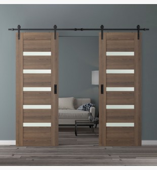 DOUBLE BARN DOOR AVON 07-04 VETRO PECAN NUTWOOD 60" X 84" X 1 3/4" BLACK HARDWARE