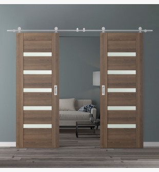 DOUBLE BARN DOOR AVON 07-04 VETRO PECAN NUTWOOD 64" X 84" X 1 3/4" STAINLESS STEEL HARDWARE