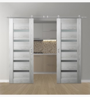 DOUBLE BARN DOOR AVON 07-04 VETRO RIBEIRA ASH 48" X 80" X 1 3/4" STAINLESS STEEL HARDWARE
