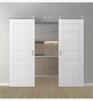 DOUBLE BARN DOOR AVON 07-04 VETRO SNOW WHITE 48" X 84" X 1 3/4" STAINLESS STEEL HARDWARE