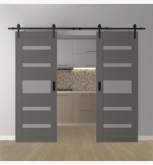 DOUBLE BARN DOOR AVON 07-05 VETRO GRAY MATTE 64" X 96" X 1 3/4" BLACK HARDWARE