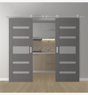 DOUBLE BARN DOOR AVON 07-05 VETRO GRAY MATTE 60" X 80" X 1 3/4" STAINLESS STEEL HARDWARE