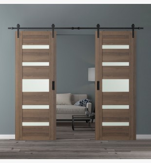 DOUBLE BARN DOOR AVON 07-05 VETRO PECAN NUTWOOD 60" X 80" X 1 3/4" BLACK HARDWARE