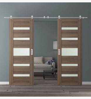 DOUBLE BARN DOOR AVON 07-05 VETRO PECAN NUTWOOD 36" X 80" X 1 3/4" STAINLESS STEEL HARDWARE