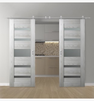 DOUBLE BARN DOOR AVON 07-05 VETRO RIBEIRA ASH 72" X 80" X 1 3/4" STAINLESS STEEL HARDWARE