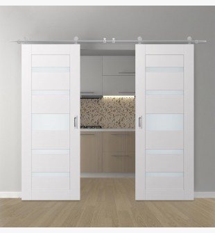 DOUBLE BARN DOOR AVON 07-05 VETRO SNOW WHITE 72" X 80" X 1 3/4" STAINLESS STEEL HARDWARE