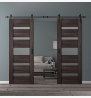 DOUBLE BARN DOOR AVON 07-05 VETRO VERALINGA OAK 36" X 84" X 1 3/4" BLACK HARDWARE