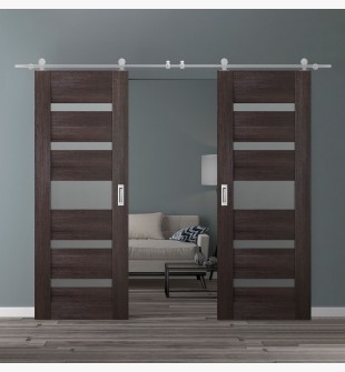 DOUBLE BARN DOOR AVON 07-05 VETRO VERALINGA OAK 36" X 80" X 1 3/4" STAINLESS STEEL HARDWARE