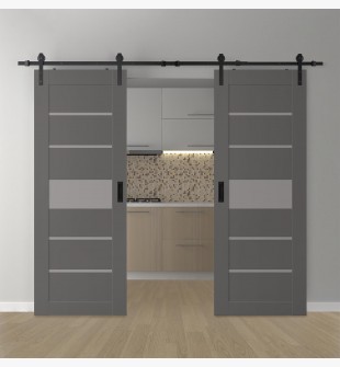 DOUBLE BARN DOOR AVON 07-06 VETRO GRAY MATTE 72" X 80" X 1 3/4" BLACK HARDWARE