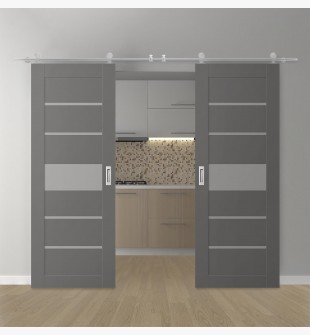 DOUBLE BARN DOOR AVON 07-06 VETRO GRAY MATTE 56" X 84" X 1 3/4" STAINLESS STEEL HARDWARE