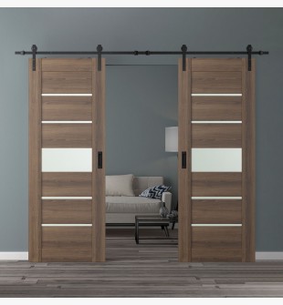 DOUBLE BARN DOOR AVON 07-06 VETRO PECAN NUTWOOD 72" X 80" X 1 3/4" BLACK HARDWARE