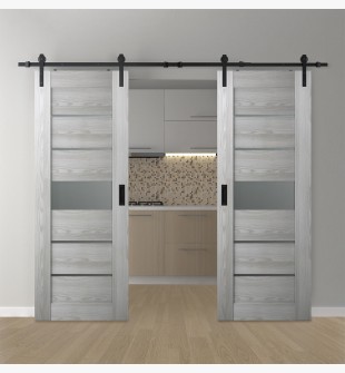 DOUBLE BARN DOOR AVON 07-06 VETRO RIBEIRA ASH 64" X 84" X 1 3/4" BLACK HARDWARE