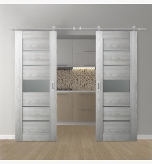 DOUBLE BARN DOOR AVON 07-06 VETRO RIBEIRA ASH 72" X 96" X 1 3/4" STAINLESS STEEL HARDWARE