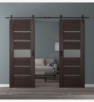 DOUBLE BARN DOOR AVON 07-06 VETRO VERALINGA OAK 36" X 80" X 1 3/4" BLACK HARDWARE