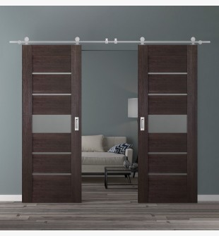 DOUBLE BARN DOOR AVON 07-06 VETRO VERALINGA OAK 48" X 80" X 1 3/4" STAINLESS STEEL HARDWARE