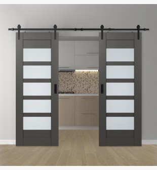 DOUBLE BARN DOOR AVON 07-07 VETRO GRAY MATTE 56" X 96" X 1 3/4" BLACK HARDWARE