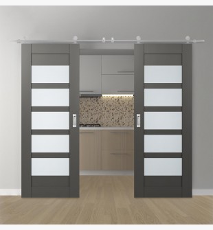 DOUBLE BARN DOOR AVON 07-07 VETRO GRAY MATTE 64" X 80" X 1 3/4" STAINLESS STEEL HARDWARE