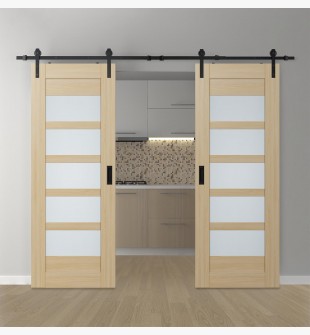 DOUBLE BARN DOOR AVON 07-07 VETRO LOIRE ASH 64" X 80" X 1 3/4" BLACK HARDWARE