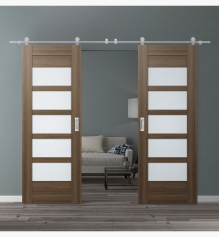 DOUBLE BARN DOOR AVON 07-07 VETRO PECAN NUTWOOD 48" X 96" X 1 3/4" STAINLESS STEEL HARDWARE