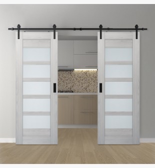 DOUBLE BARN DOOR AVON 07-07 VETRO RIBEIRA ASH 60" X 80" X 1 3/4" BLACK HARDWARE