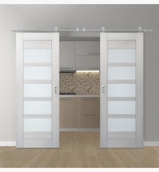 DOUBLE BARN DOOR AVON 07-07 VETRO RIBEIRA ASH 36" X 96" X 1 3/4" STAINLESS STEEL HARDWARE