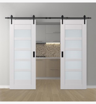 DOUBLE BARN DOOR AVON 07-07 VETRO SNOW WHITE 56" X 96" X 1 3/4" BLACK HARDWARE