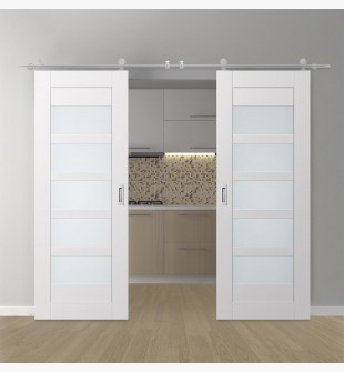 DOUBLE BARN DOOR AVON 07-07 VETRO SNOW WHITE 60" X 84" X 1 3/4" STAINLESS STEEL HARDWARE