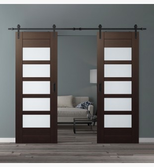 DOUBLE BARN DOOR AVON 07-07 VETRO VERALINGA OAK 48" X 80" X 1 3/4" BLACK HARDWARE