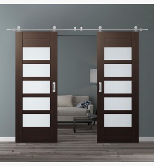 DOUBLE BARN DOOR AVON 07-07 VETRO VERALINGA OAK 72" X 80" X 1 3/4" STAINLESS STEEL HARDWARE