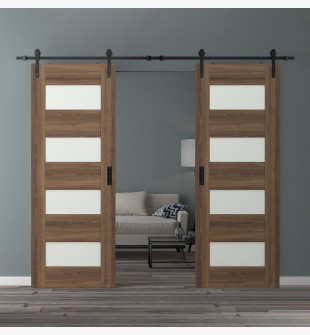 DOUBLE BARN DOOR AVON 07-08 VETRO PECAN NUTWOOD 48" X 96" X 1 3/4" BLACK HARDWARE