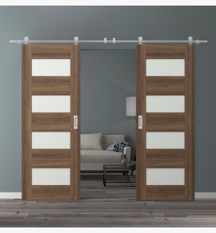 DOUBLE BARN DOOR AVON 07-08 VETRO PECAN NUTWOOD 36" X 84" X 1 3/4" STAINLESS STEEL HARDWARE