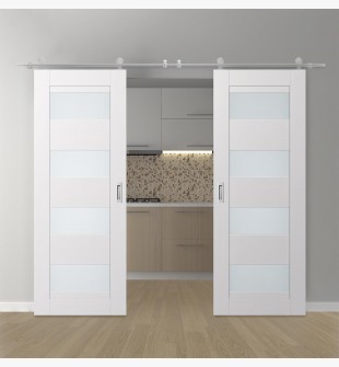 DOUBLE BARN DOOR AVON 07-08 VETRO SNOW WHITE 56" X 96" X 1 3/4" STAINLESS STEEL HARDWARE