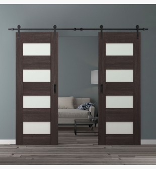 DOUBLE BARN DOOR AVON 07-08 VETRO VERALINGA OAK 56" X 80" X 1 3/4" BLACK HARDWARE