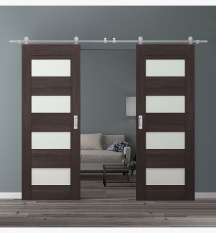 DOUBLE BARN DOOR AVON 07-08 VETRO VERALINGA OAK 36" X 84" X 1 3/4" STAINLESS STEEL HARDWARE