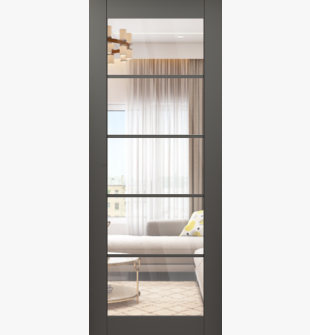 DOOR SLAB AVON 5 LITE CLEAR VETRO GRAY MATTE 30" X 96" X 1 3/4" TEMPERED CLEAR GLASS
